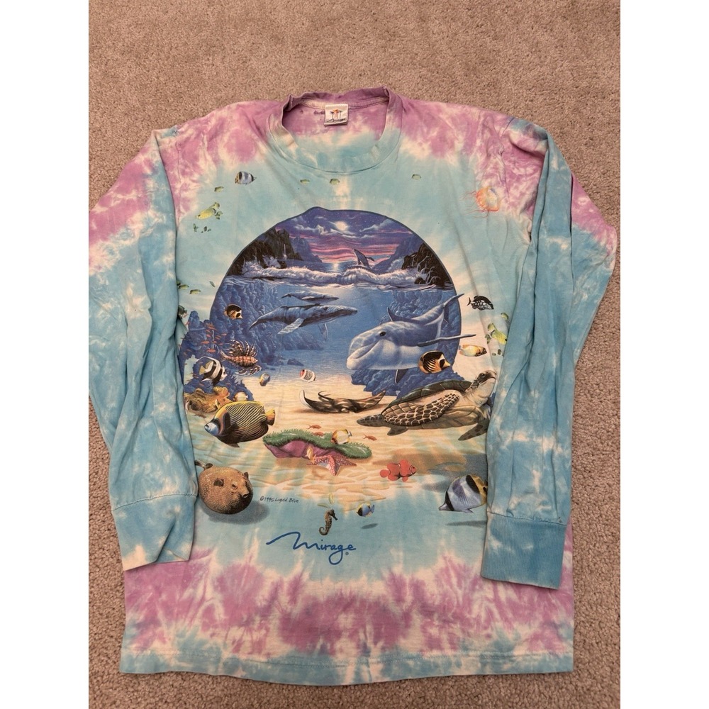 90s Liquid Blue Mens L VTG Tie Dye Nature Ocean Animals Graphic Long Shirt